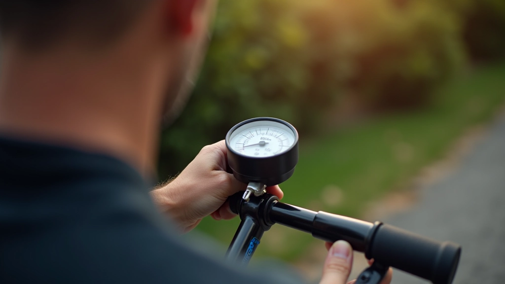 Close-up van handpomp op fietsband met drukmeter duidelijk zichtbaar, ochtendlicht, heldere achtergrond