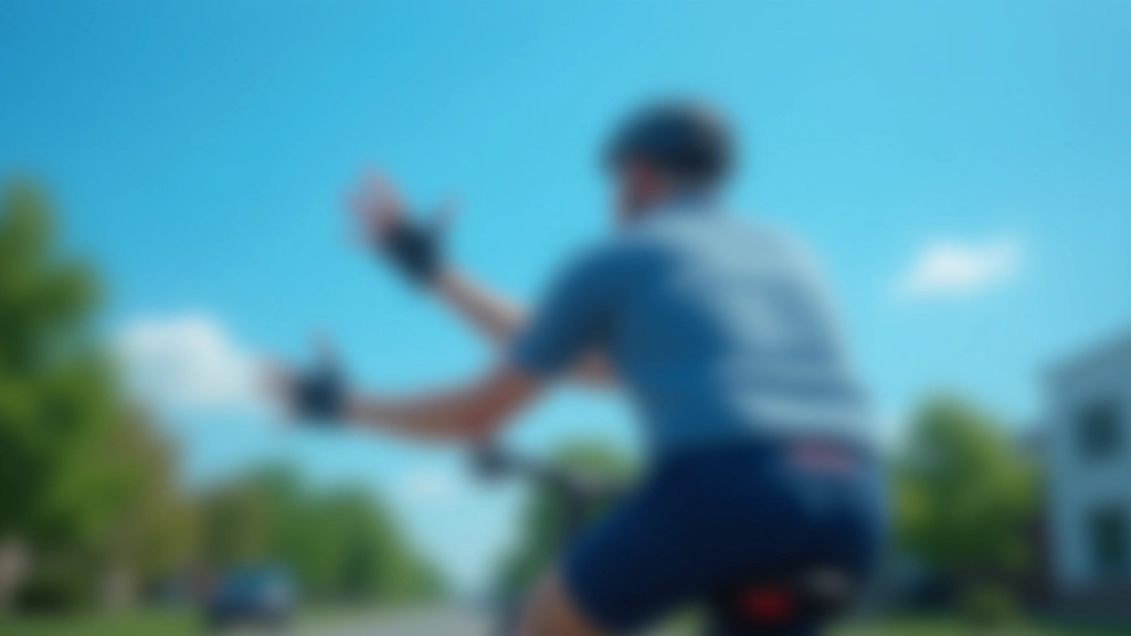 Fietser maakt duidelijk handgebaar voor afslag, opgeheven arm zichtbaar tegen blauwe lucht