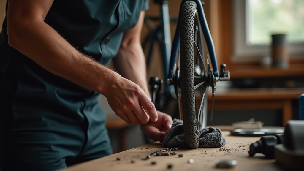 Close-up van fietsenonderhoud: handen reinigen een fietsketenen met doek