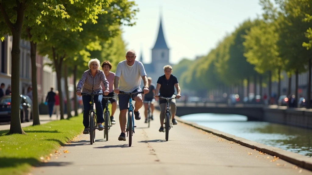 Groep gepensioneerden fietsend langs de jaagpad van een Gents kanaal