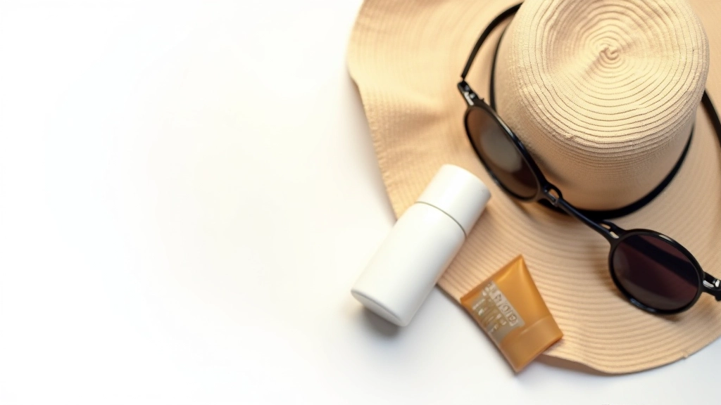 Zonnebrandcrème, zonnebril en zonnehoofddoek op witte achtergrond