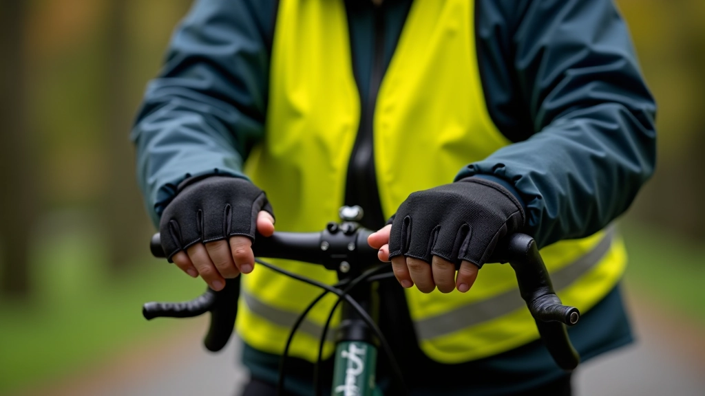 Regenjack, handschoenen en reflecterende vesten op fietsstuur