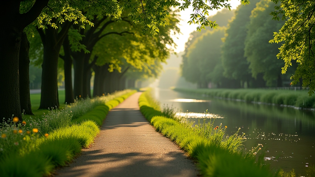 Rustige jaagpad langs water met groene oevers