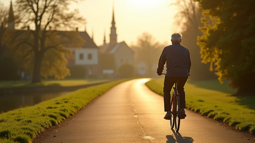 Gepensioneerde fietst rustig langs de Gentse kanaalroute op een zonnige dag