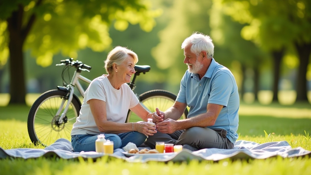 Seniorenpaar op een picknickdeken naast hun fietsen met waterfles en snacks