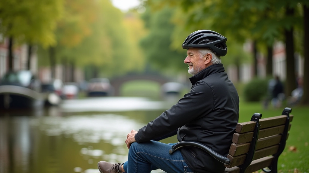 Senior fietser rust uit op een bankje langs het kanaal met uitzicht op water en groen