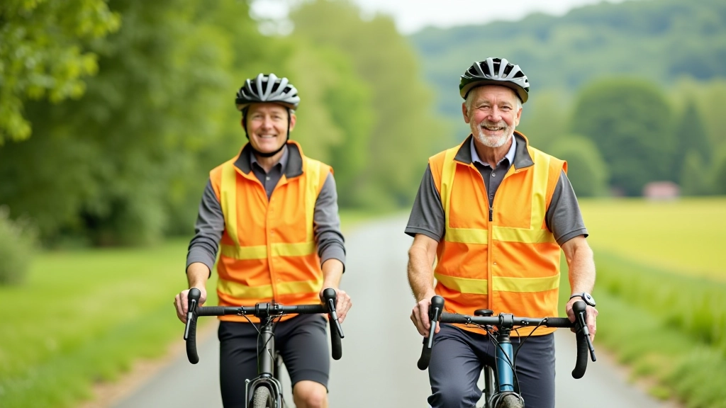 Seniorencyclisten met veiligheidsvesten en helmen op een rustige landweg