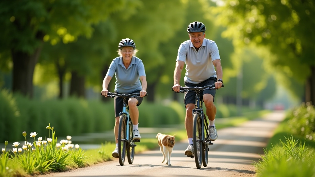 Groep ouderen op fietsen langs een kanaal met waterlelies en groen geboomte
