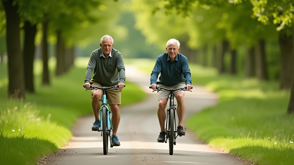 Groep seniorencyclisten op een zonnige dag langs een kanaal met bomen