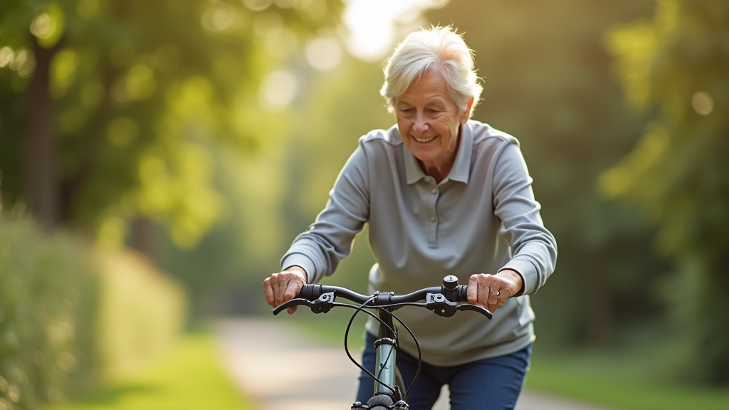 Vrouw van 65 jaar controleert fietsrem door handels in te knijpen, bovenkant shot, heldere dag, schoon asfalt op achtergrond