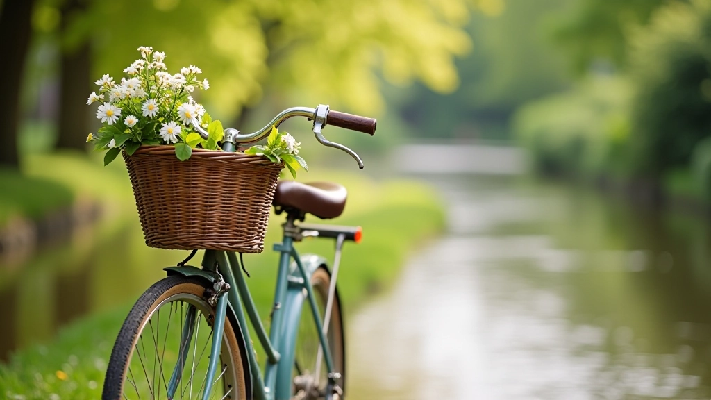 Close-up detail van oude fiets met mand en bloemen