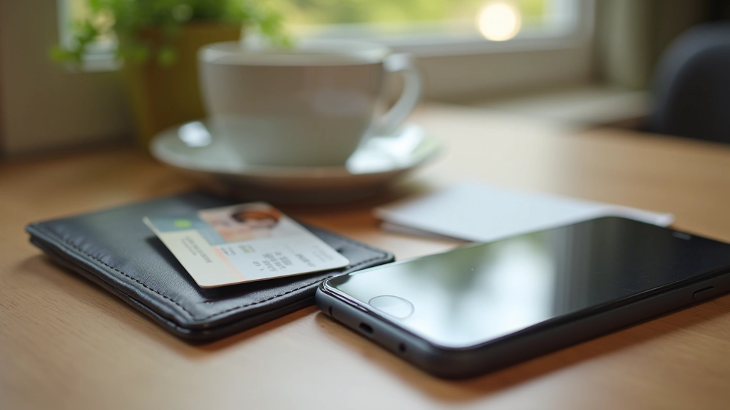 Portemonnee, identiteitsbewijs en telefoon op tafel