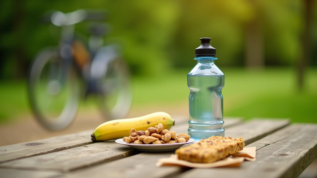 Waterfles en gezonde snacks op pickniktafel naast fiets