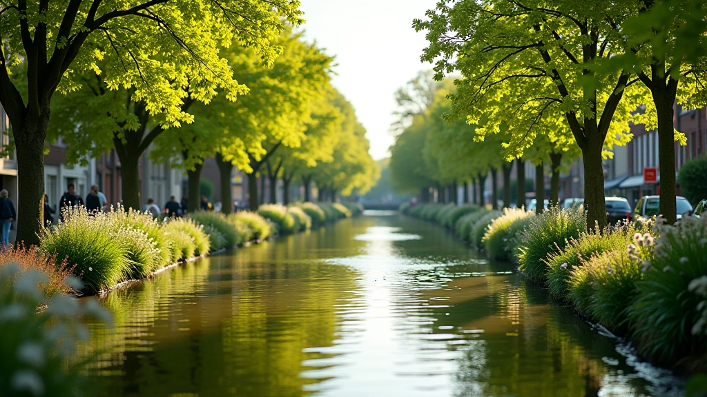 Waterkanaal in Gent omgeven door bloeiende waterplanten en bomen in het voorjaar